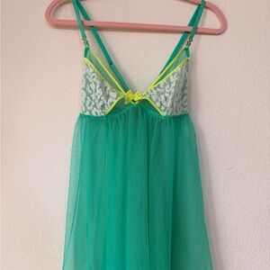 Victoria’s Secret Teal Sheer Lace Slip Babydoll L Y2K Coquette Mesh Lingerie Set